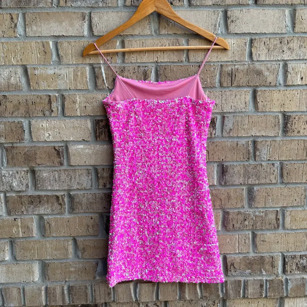 Allison & Kelly Hot Pink Sequin Mini Dress Bodycon Spaghetti Strap Party Small - Picture 3 of 12